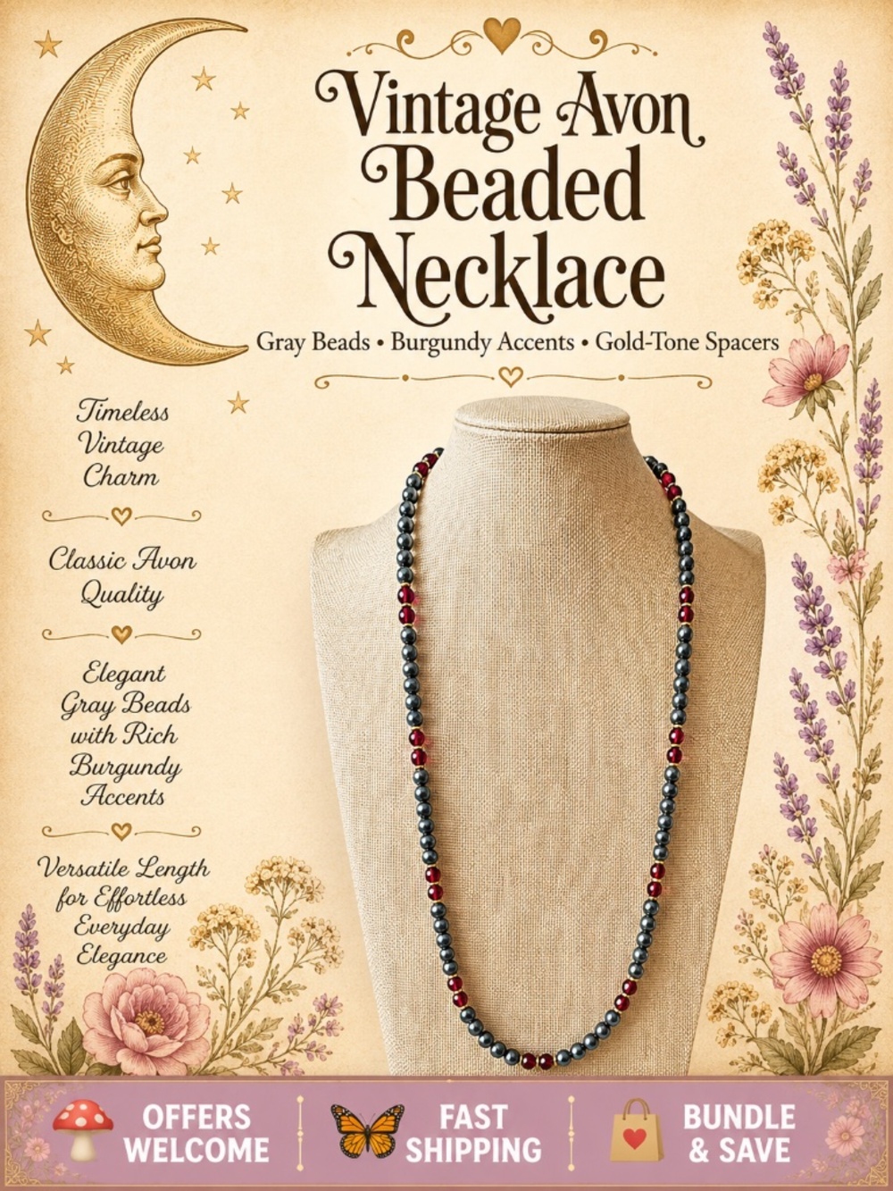 Vintage Avon Beaded Necklace Gray & Burgundy Beads Gold‑Tone Spacers Layer
